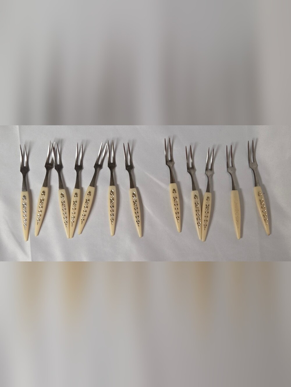 Vintage Mid Century Shrimp Seafood Appetizer Forks Set‎ Of 12 Gold Accent